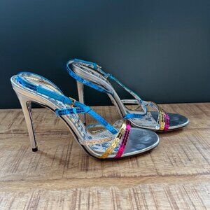 Authentic Gucci Leather, Sequin Colorblock Pattern Slingback Sandals